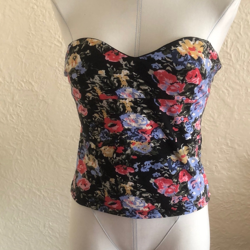 Urban Outfitters Sparkle & Fade Black Blue Pink Floral Strapless Zip Tube Top